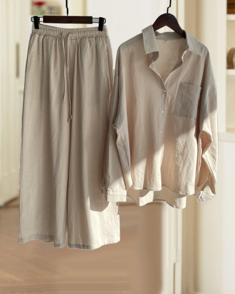 Ensemble deux pièces avec pantalon chemise de couleur unie