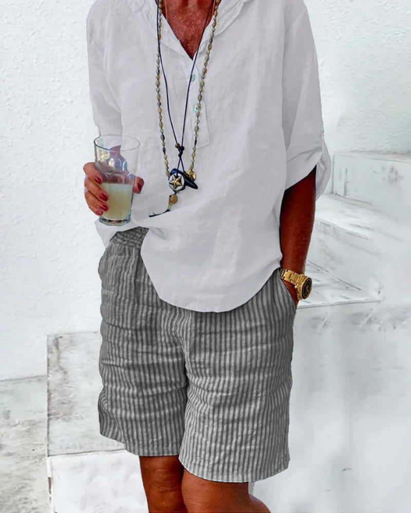 Short à rayures en coton et lin