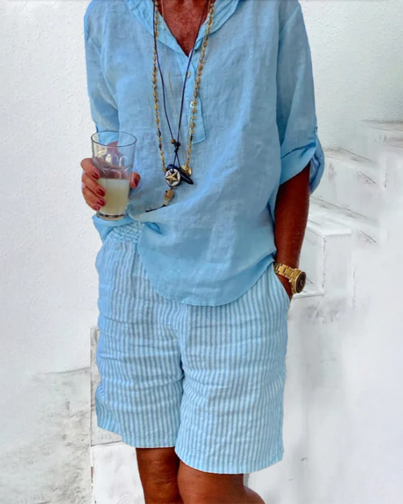 Short à rayures en coton et lin