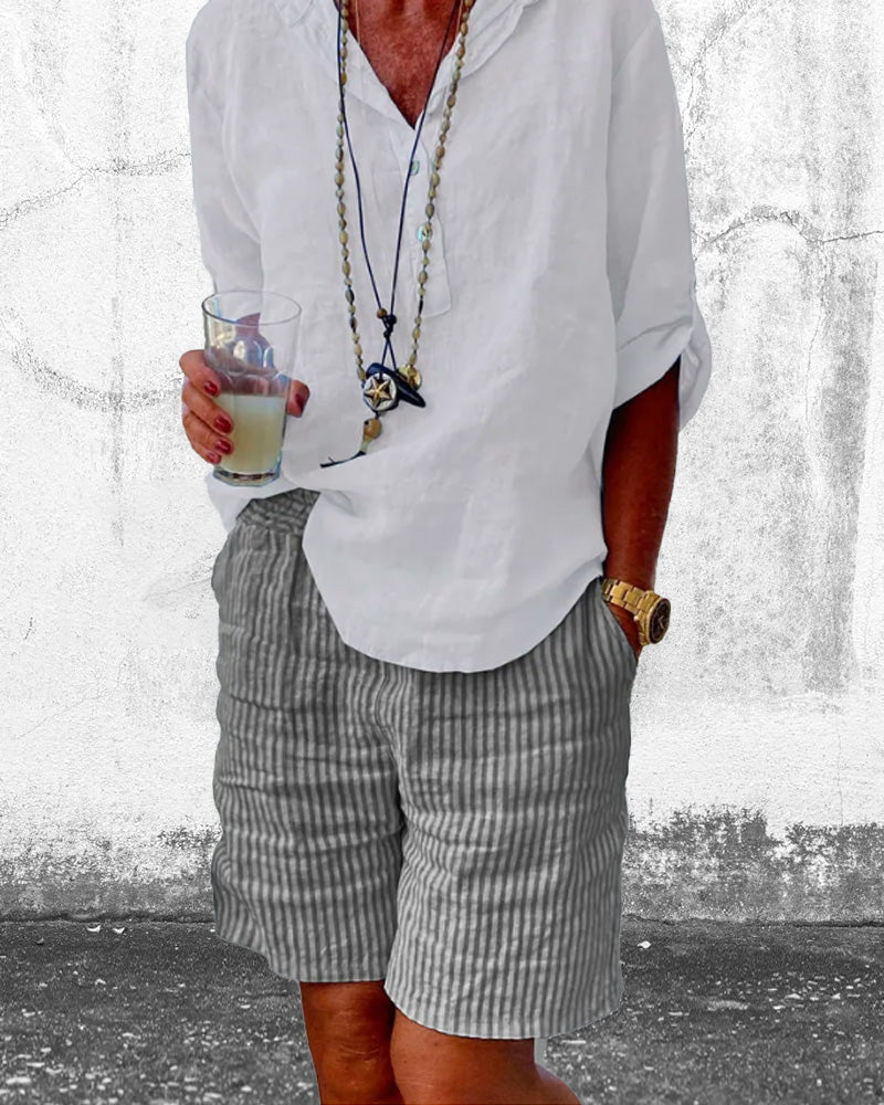 Short à rayures en coton et lin