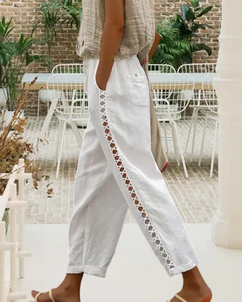 Pantalon évidé en coton et lin